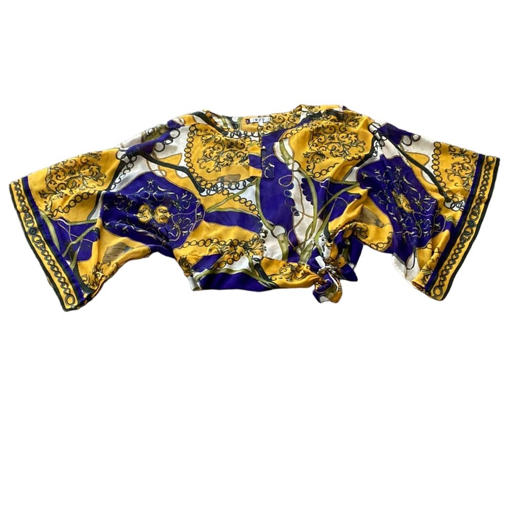 Jennifer Lopez Chain Print Crop Top Tie Front Short Sleeve Blue Gold SIZE XS